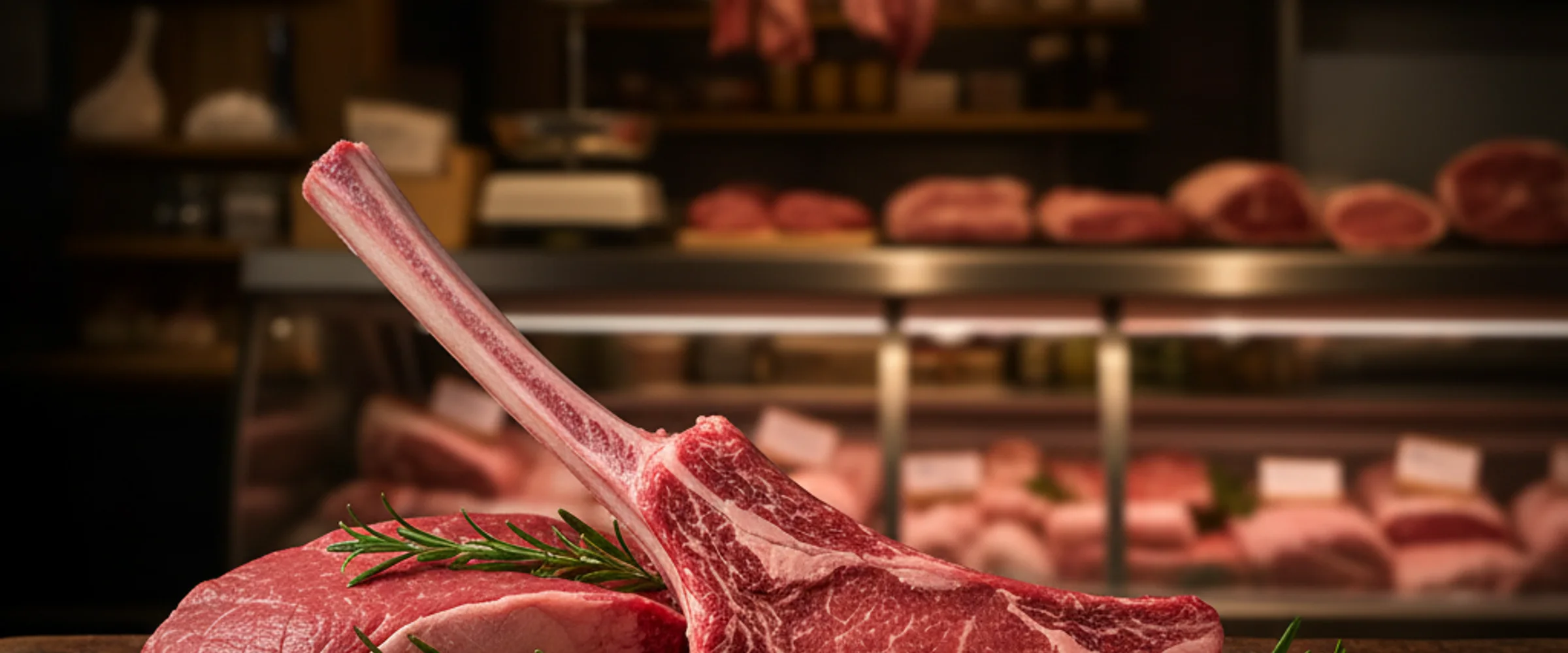 Raw tomahawk steak with rosemary in front of a blurred meat case