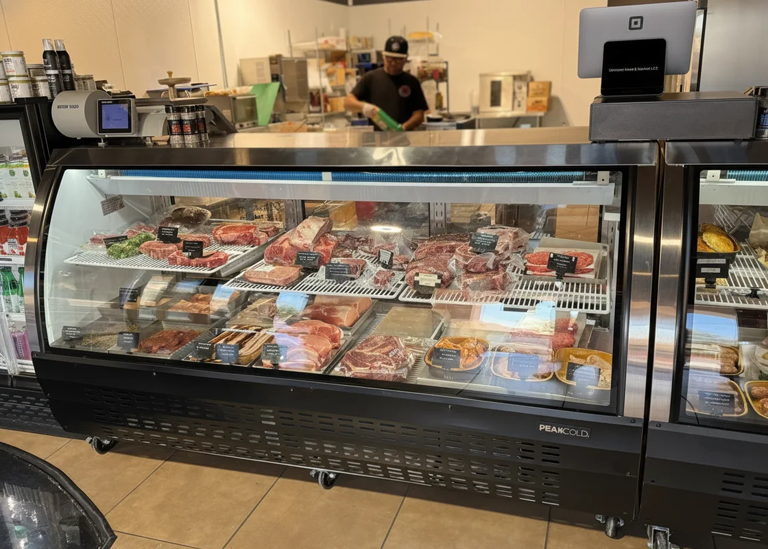 Butcher working behind a full glass meat case of steaks, chops and prepared trays