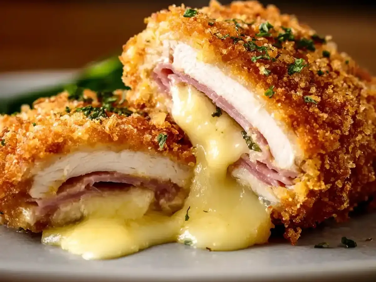 Breaded chicken cordon bleu cut open, with ham and melted cheese spilling out