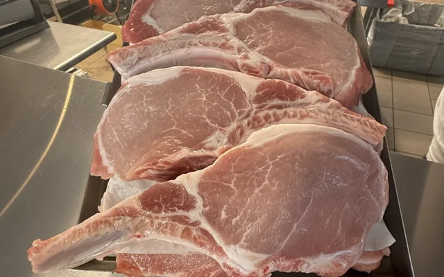 Fresh bone-in pork chops at Grinders Meat Market
