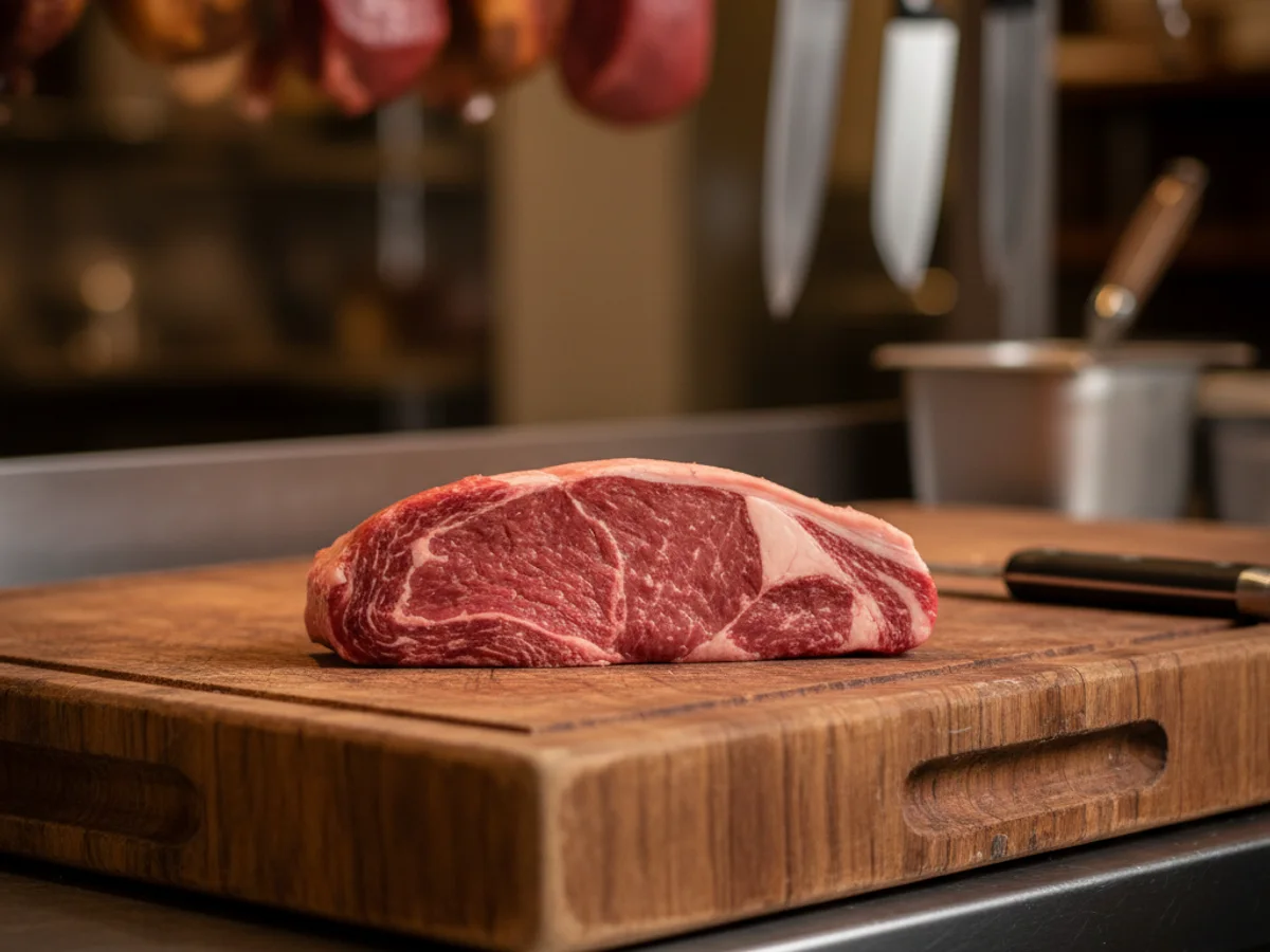 Well-marbled bison ribeye at Grinders Meat Market