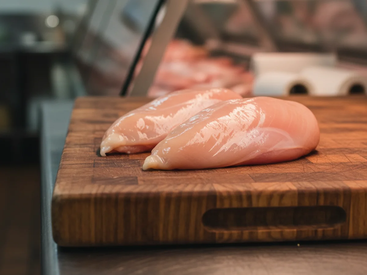Hand-trimmed chicken breast at Grinders Meat Market