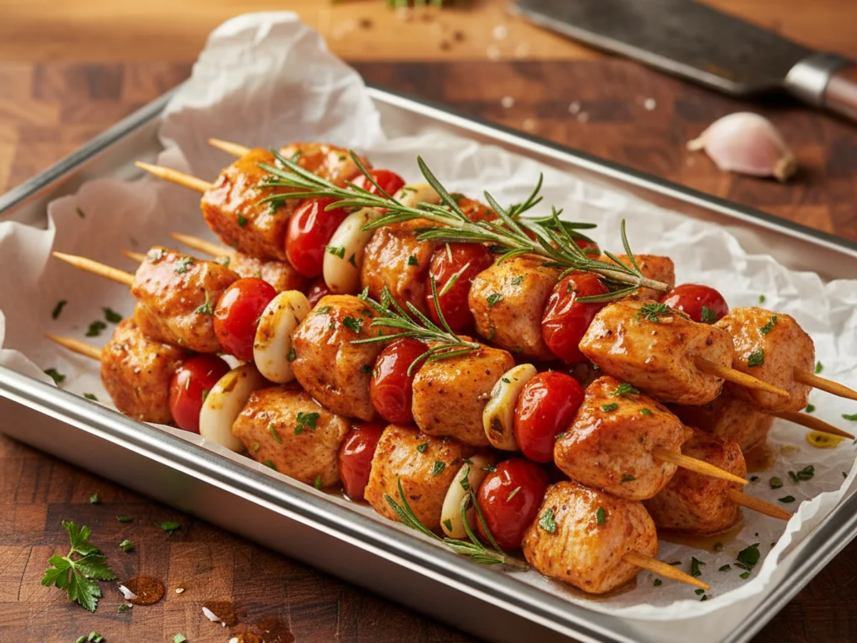 Ready-to-grill marinated skewers at Grinders Meat Market