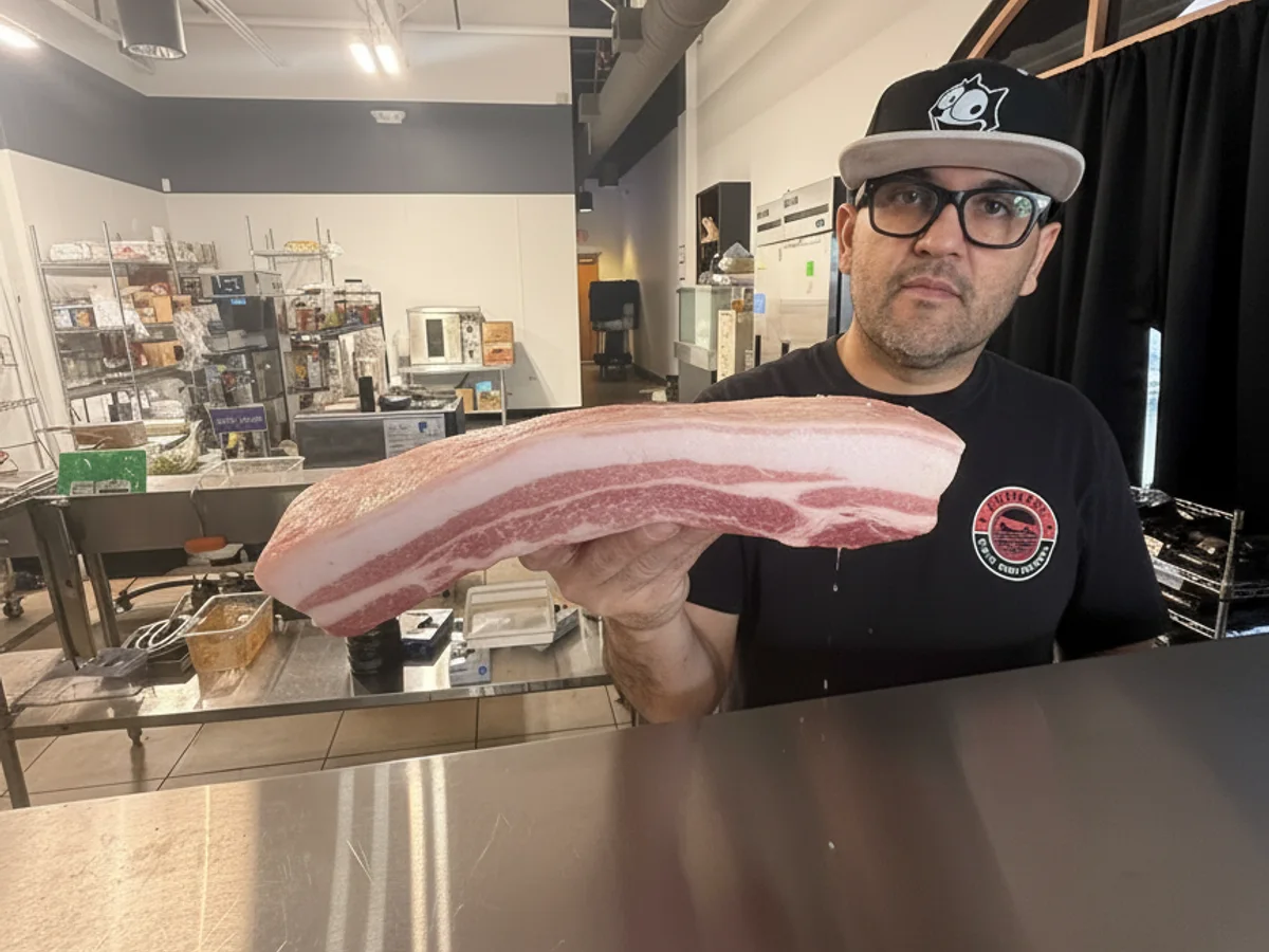 Fresh pork belly at Grinders Meat Market