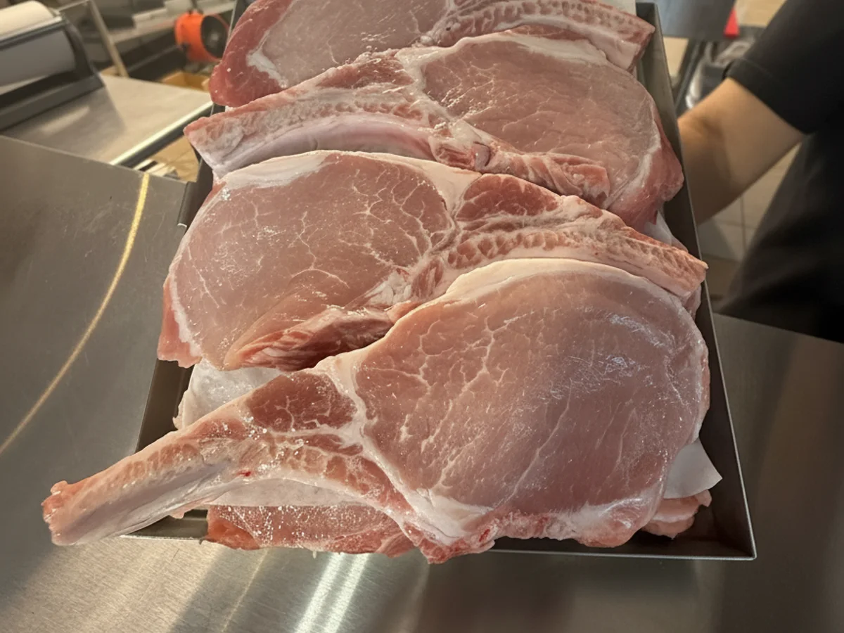 Thick-cut bone-in pork chops at Grinders Meat Market