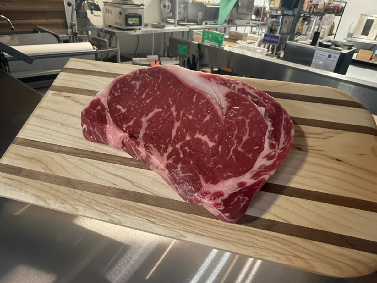 Hand-cut prime ribeye steak on a butcher's board at Grinders Meat Market