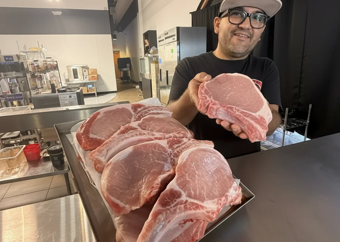 A Grinders butcher with a fresh cut at the counter